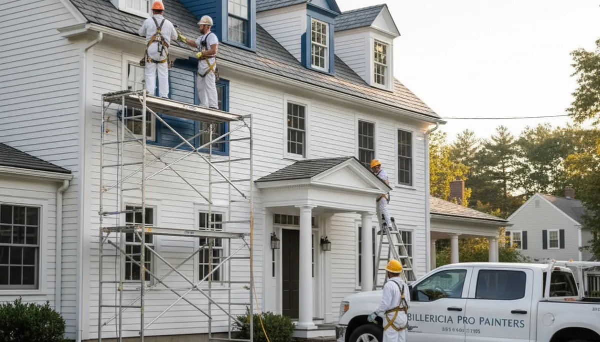 Painter working on a home exterior in Concord, MA for professional painting services