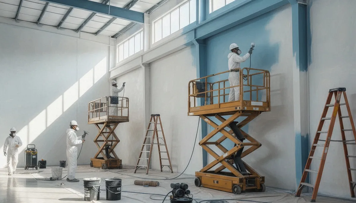 Commercial painting crew in Concord, MA applying durable coatings to a local business property