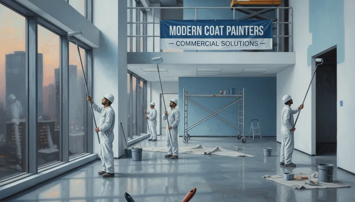 Commercial painters applying durable exterior coating to a Concord, MA business building