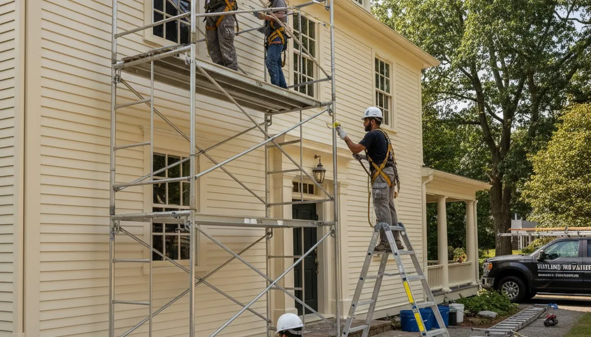 Painter preparing a Concord, MA home exterior for professional painting service